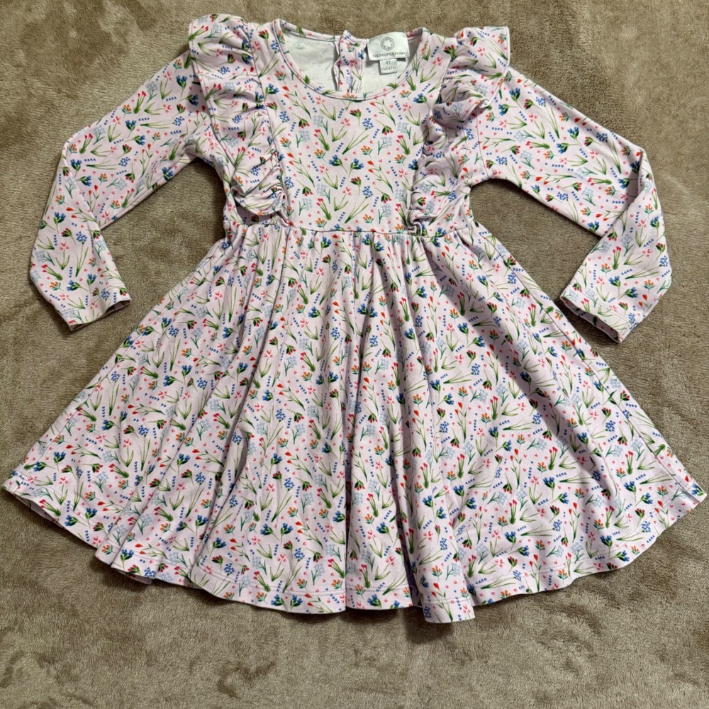 The Proper Peony Girls 4T Pink Floral Pima Cotton Ruffle Long Sleeve Dress